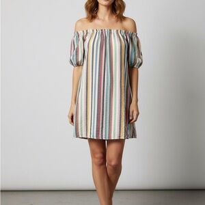 Multicolor Striped Off the Shoulder Linen‎ Blend Summer Mini Dress Size Small